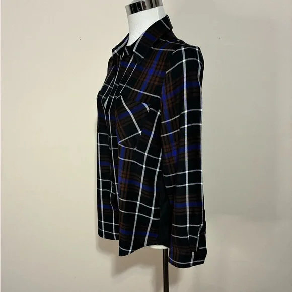 L'AGENCE Denise Plaid with Back Sheer Black Silk Contrast Shirt - Picture 2 of 6